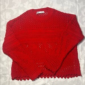 Zara Red Crew Neck Sweater with Crochet Detail